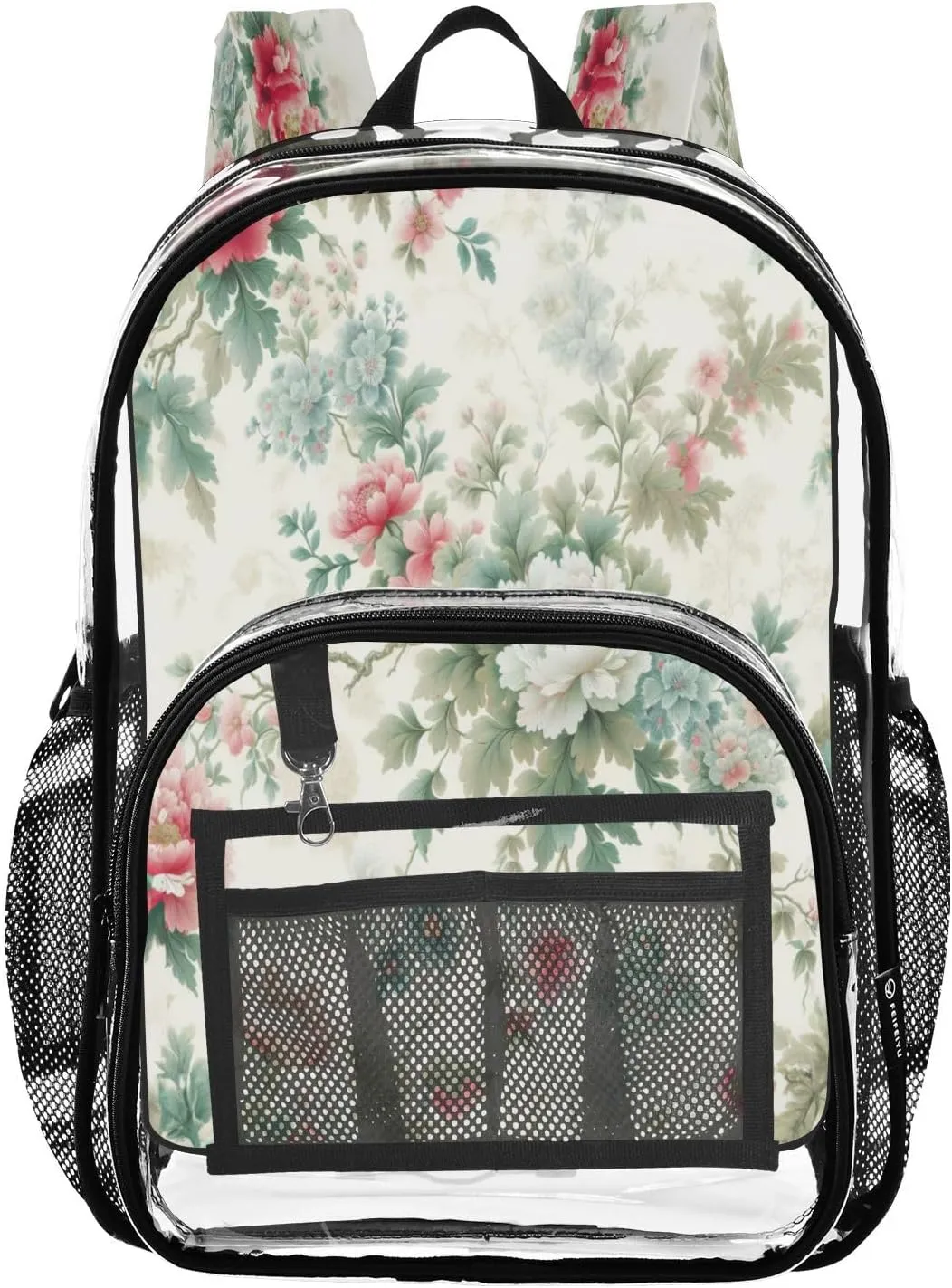 Elegant Peony Flowers Clear Backpack with Back Print, Heavy Duty See Through Backpacks PVC Transparent Daypack for Travel Security
