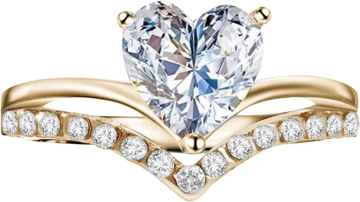 Elegant Women's Heart Shaped Engagement Ring Inlaid Zircon Bridal Wedding Band Anniversary Rings Exquisite Jewelry (Gold, 7)