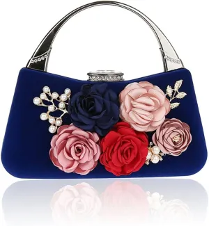 ELEOPTION Women's Flower Evening Bag Clutch Purse Handbag Metal Frame Large Clutch Bag Wedding Hand Bag Carved Handle