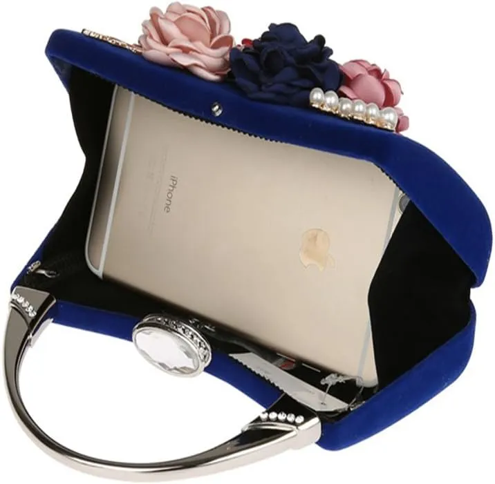 ELEOPTION Women's Flower Evening Bag Clutch Purse Handbag Metal Frame Large Clutch Bag Wedding Hand Bag Carved Handle