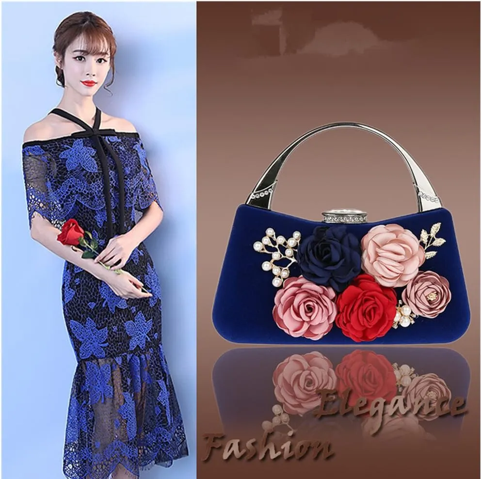ELEOPTION Women's Flower Evening Bag Clutch Purse Handbag Metal Frame Large Clutch Bag Wedding Hand Bag Carved Handle