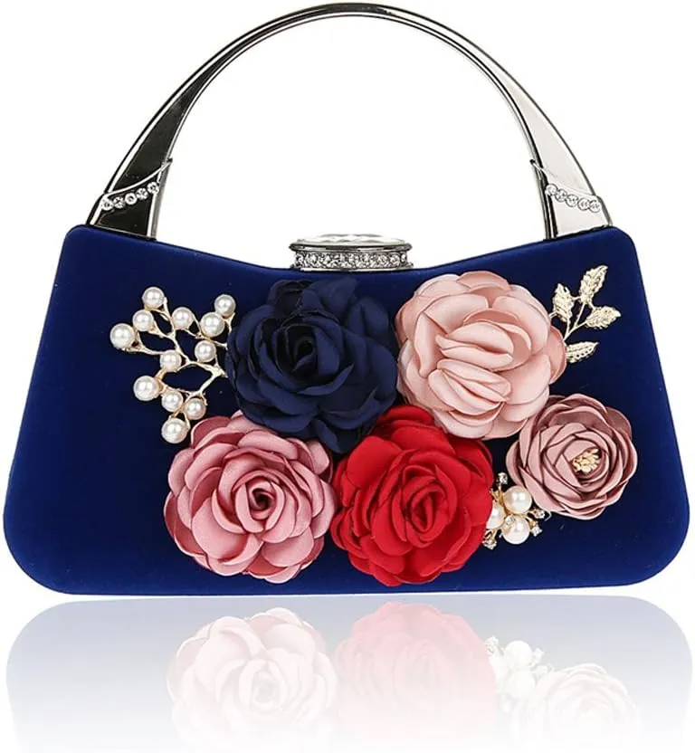 ELEOPTION Women's Flower Evening Bag Clutch Purse Handbag Metal Frame Large Clutch Bag Wedding Hand Bag Carved Handle