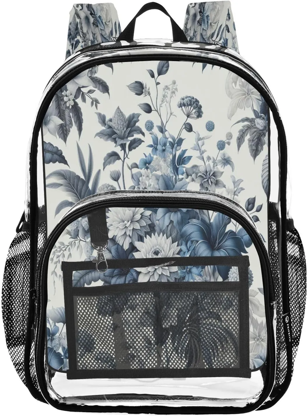 Exotic Flowes Blue Clear Backpack with Back Print, Heavy Duty See Through Backpacks PVC Transparent Daypack for Travel Security