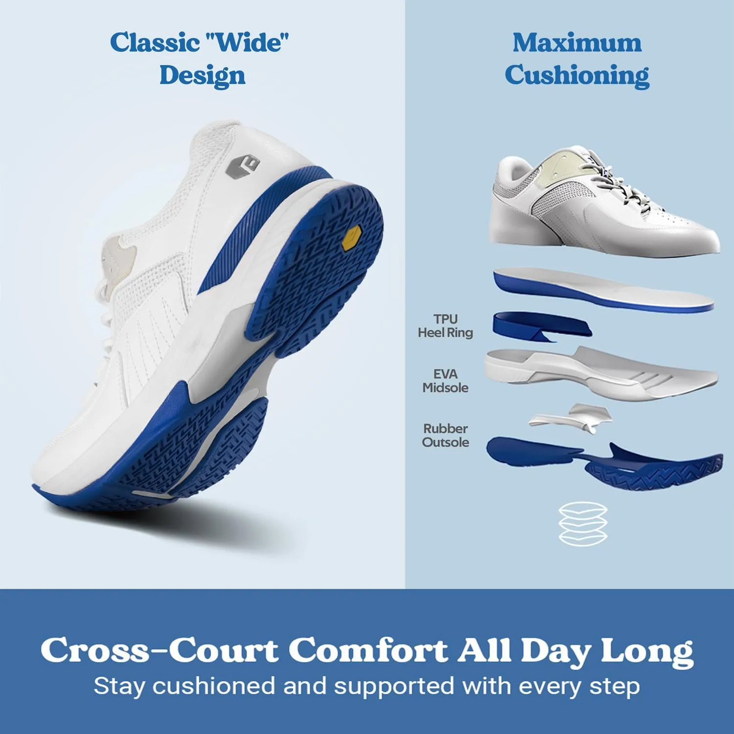 FitVille Mens Wide Pickleball Shoes All Court Tennis Shoes with Arch Support for Plantar Fasciitis