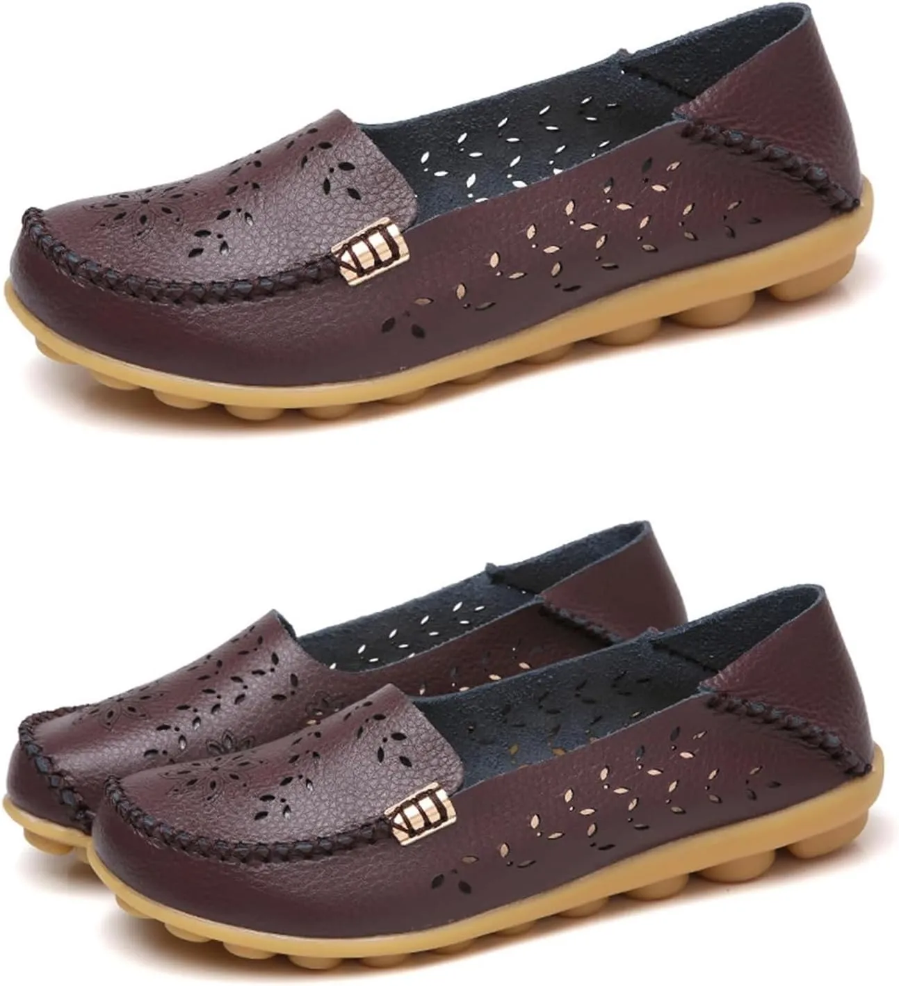 Flats for Women 2025 Round Toe Cushion Slip-On Shoes Lightweight Cutout Breathable Leather Loafers Fashion Driving Flats Shoes Summer Casual Walking Sandals