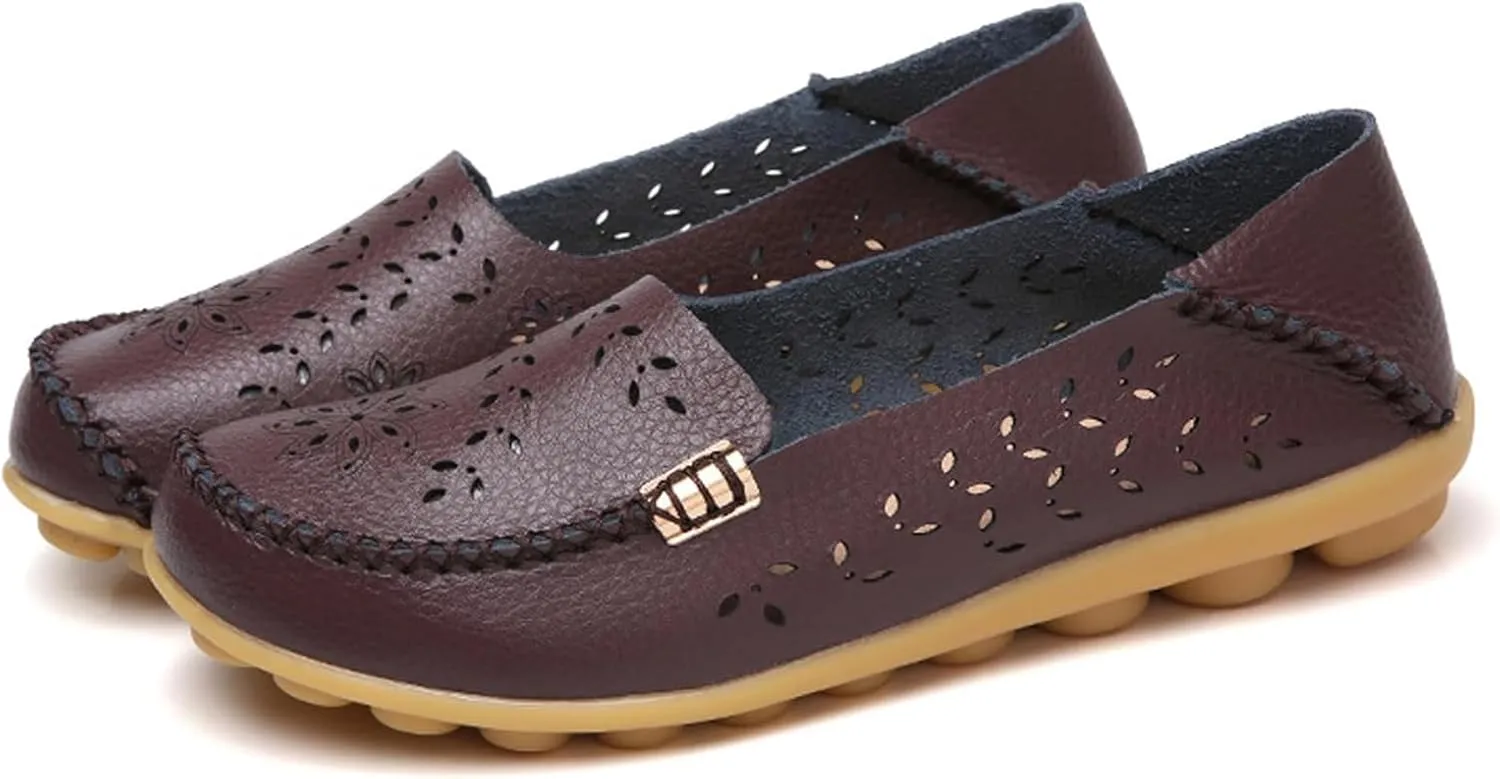 Flats for Women 2025 Round Toe Cushion Slip-On Shoes Lightweight Cutout Breathable Leather Loafers Fashion Driving Flats Shoes Summer Casual Walking Sandals