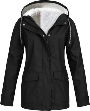 Fleece Lined Raincoat for Women Waterproof Lightweight Zip Up Hooded Jacket Winter Rain Jackets Outdoor Windbreaker
