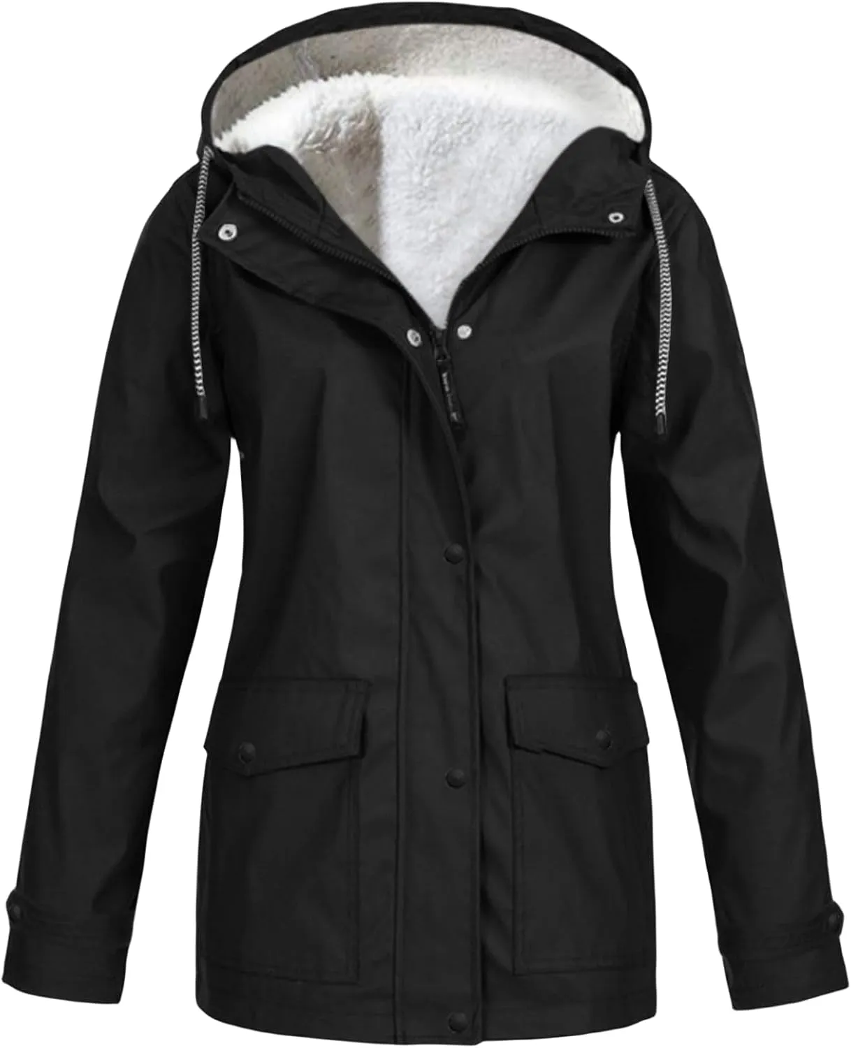 Fleece Lined Raincoat for Women Waterproof Lightweight Zip Up Hooded Jacket Winter Rain Jackets Outdoor Windbreaker