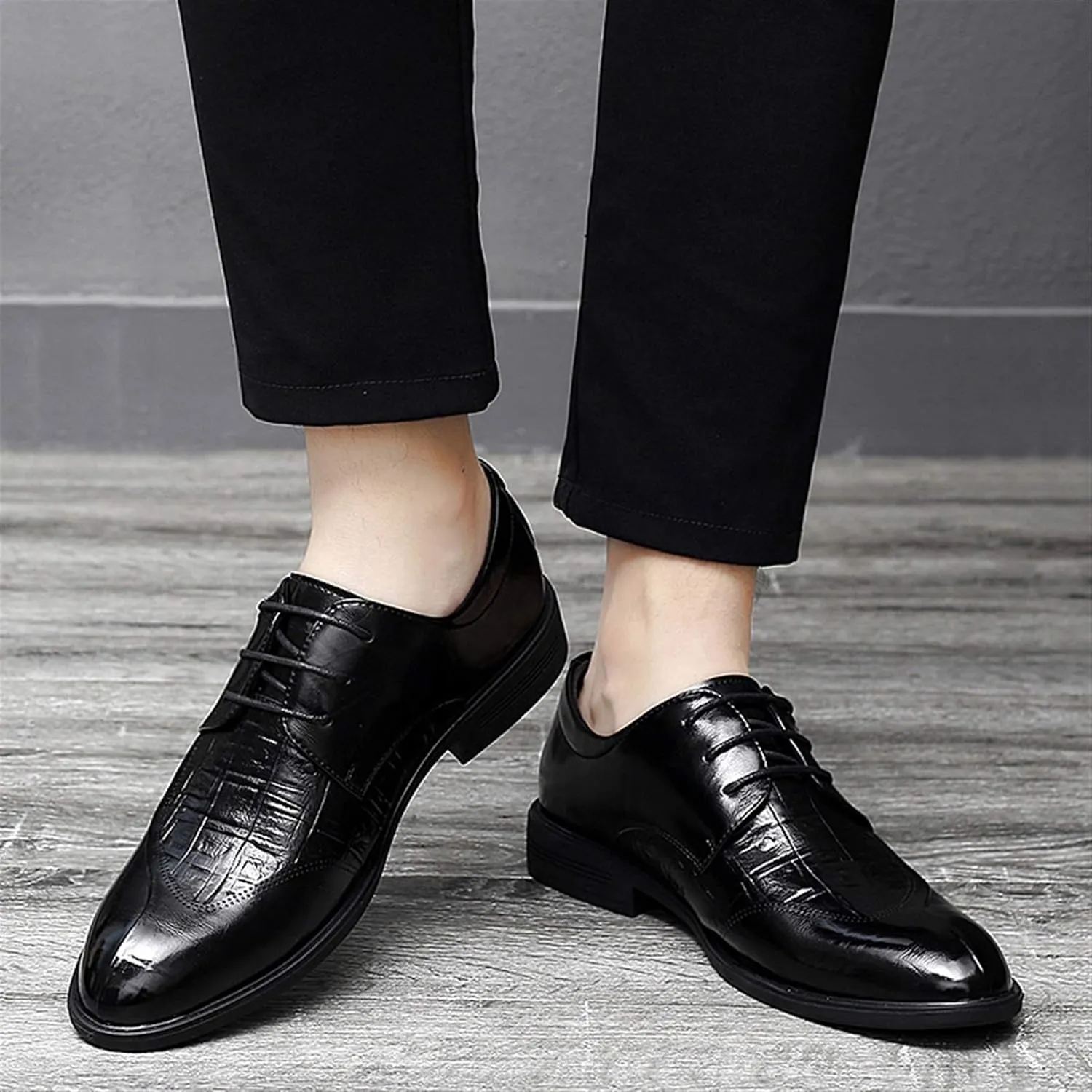 Formal Dress Shoes for Men Lace Up Split Round Toe Crocodile Embossed Derby Shoes Vegan Leather Low Top Slip Resistant Rubber Sole Block Heel Classic