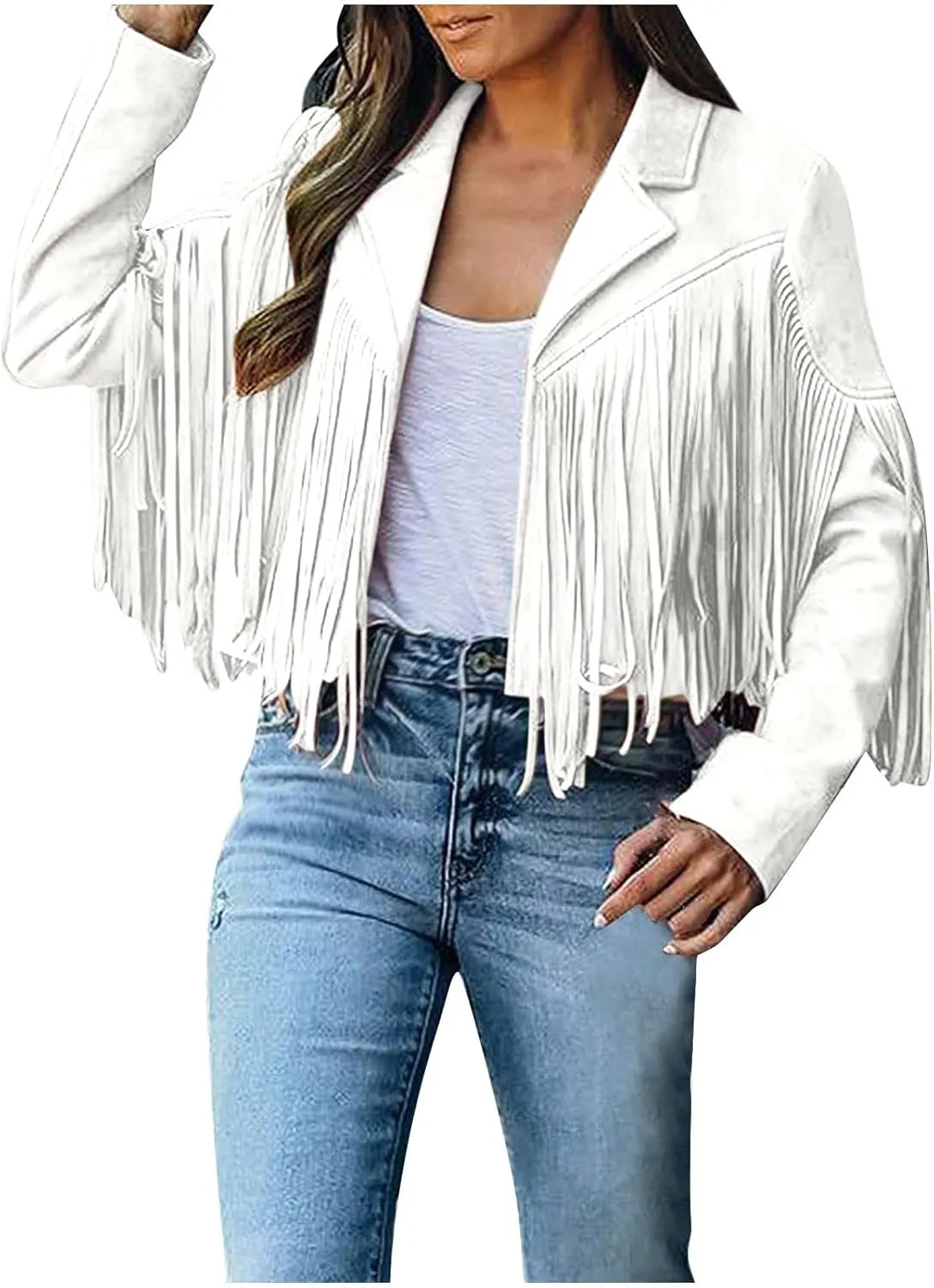 Fringe Coat for Women Solid Color Lapel Faux Suede Leather Cowboy Style Jacket Long Sleeve Tassels Cardigan Tops