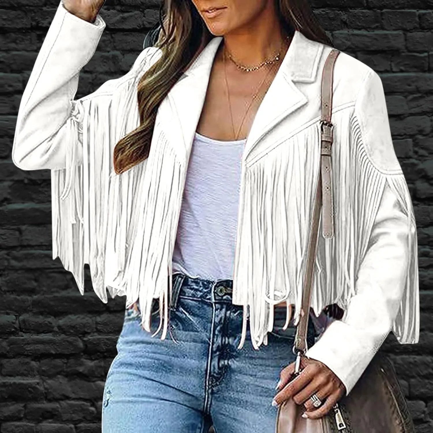 Fringe Coat for Women Solid Color Lapel Faux Suede Leather Cowboy Style Jacket Long Sleeve Tassels Cardigan Tops