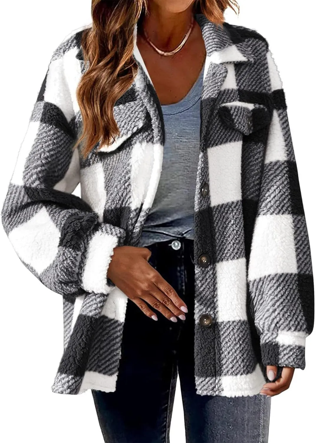 Fuzzy Fleece Jackets For Women Casual Fashion 2023 Plaid Button Down Shacket Warm Winter Sherpa Coats Outwear