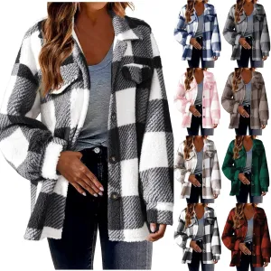 Fuzzy Fleece Jackets For Women Casual Fashion 2023 Plaid Button Down Shacket Warm Winter Sherpa Coats Outwear