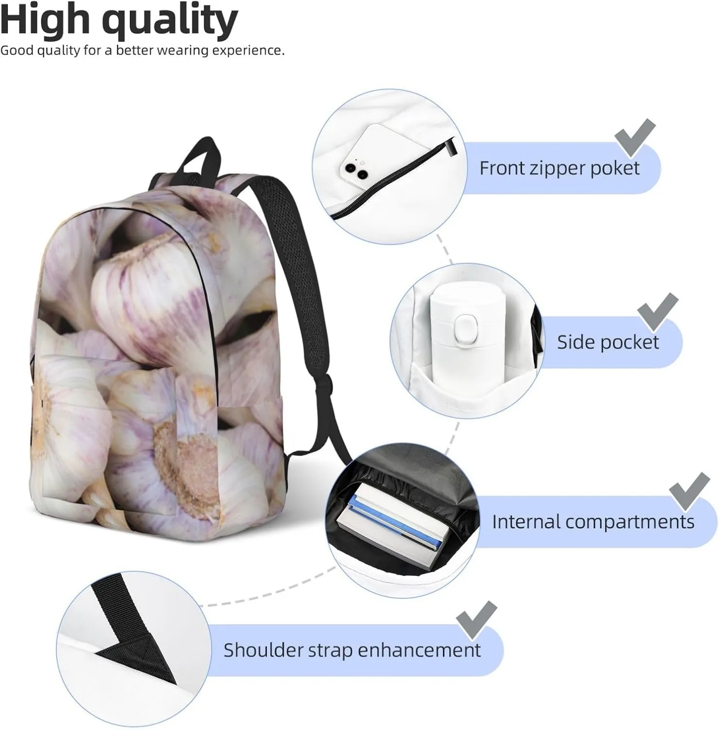 Garlic Bulbs Canvas Backpacks Laptop Backpack Multipurpose Double Shoulder Bag for Men Women Gifts Medium