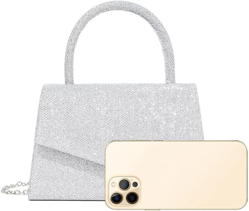 Glitter Crystal Handbag Sparkle Women's Top-Handle Crossbody Shoulder Wedding Guest Party Cocktail Dress Purses Silver-V