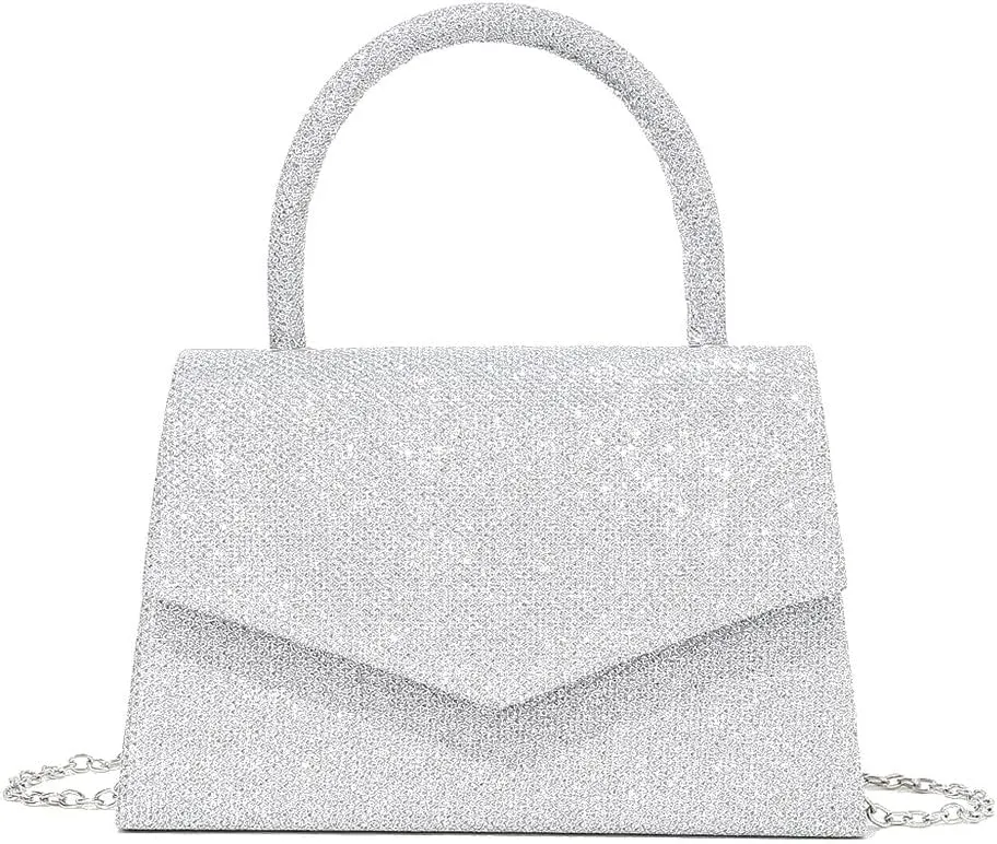 Glitter Crystal Handbag Sparkle Women's Top-Handle Crossbody Shoulder Wedding Guest Party Cocktail Dress Purses Silver-V