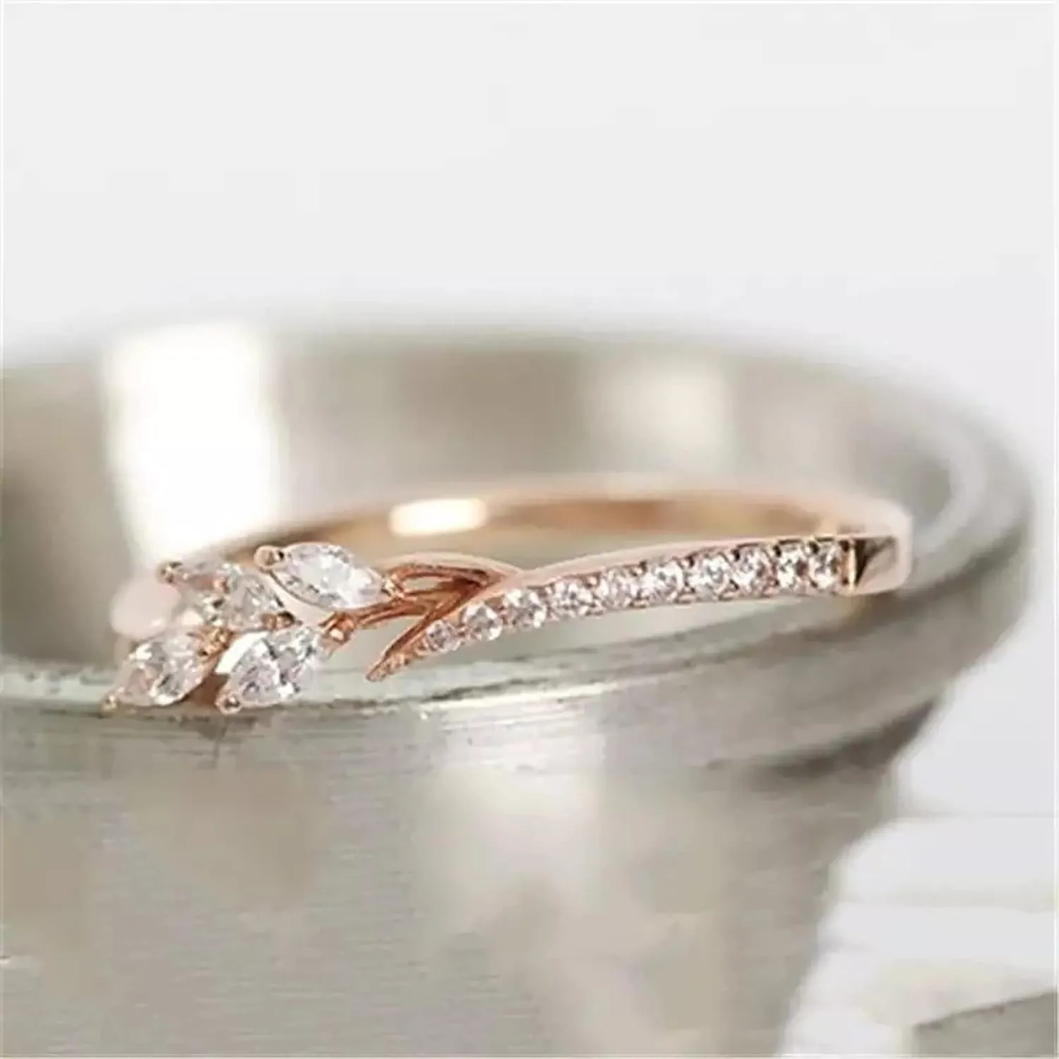 Gold Plated Wedding Band for Women,Adjustable Thin Stacking Ring Branch Leaves Paved Cubic Zirconia Eternity Engagement Ring