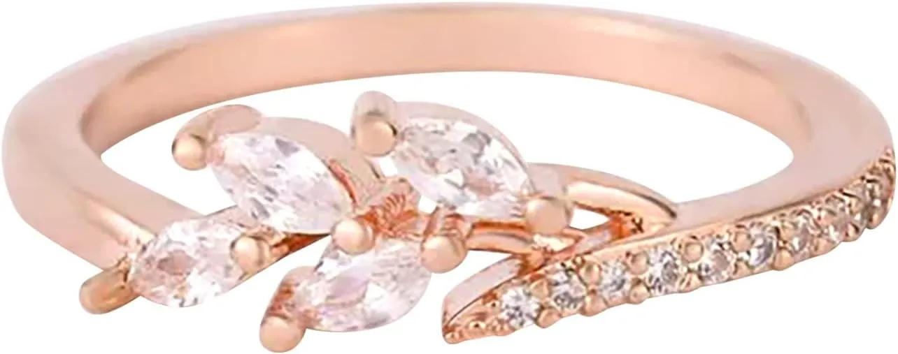 Gold Plated Wedding Band for Women,Adjustable Thin Stacking Ring Branch Leaves Paved Cubic Zirconia Eternity Engagement Ring