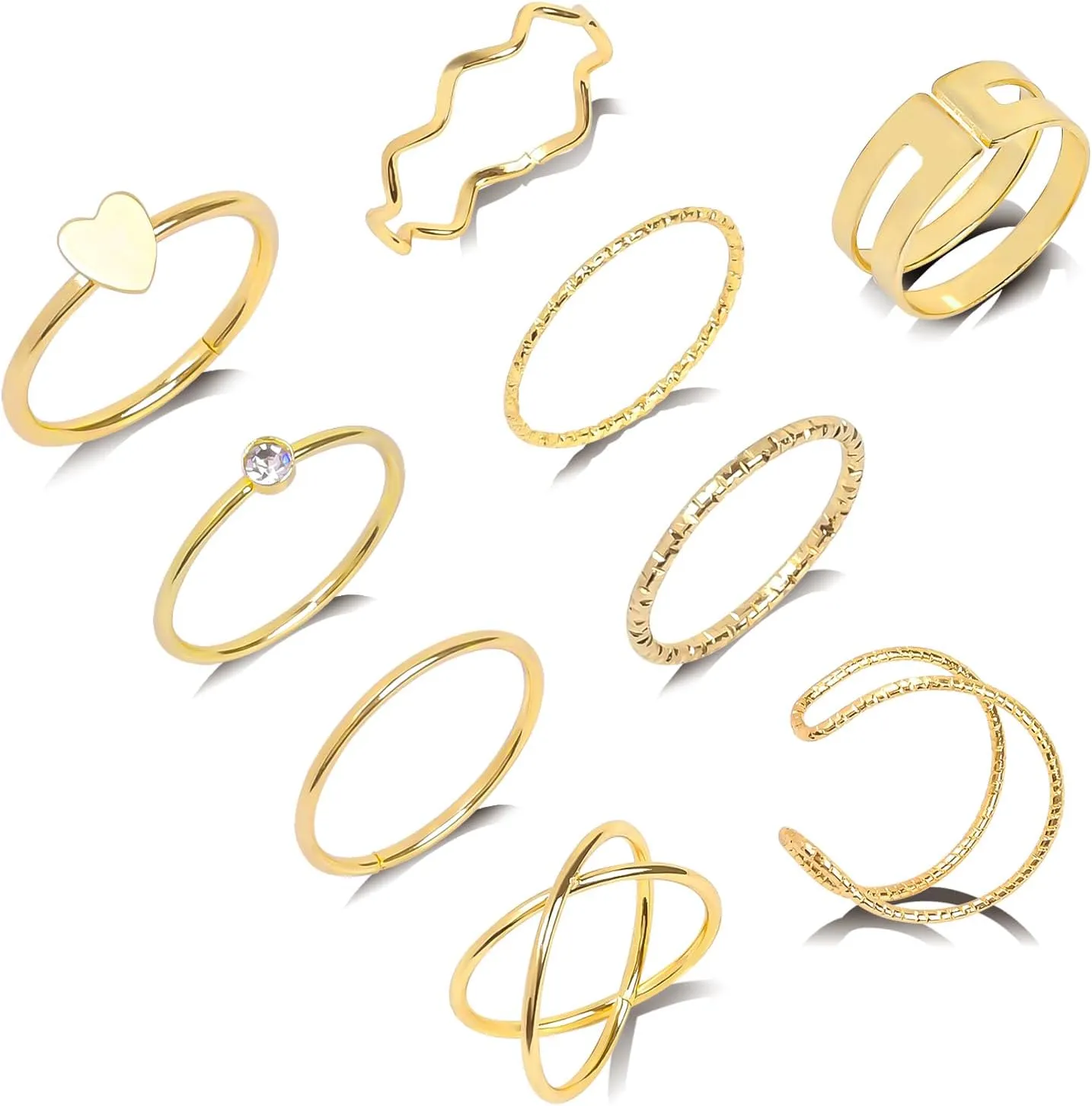 Gold Rings for Women Set Ring Jewelry, 9 Styles Vintage Heart Crystal Ring Knuckle Rings Stacking Rings Dainty Rings Non Tarnish Rings Bohemian Hollow Crystal Rings