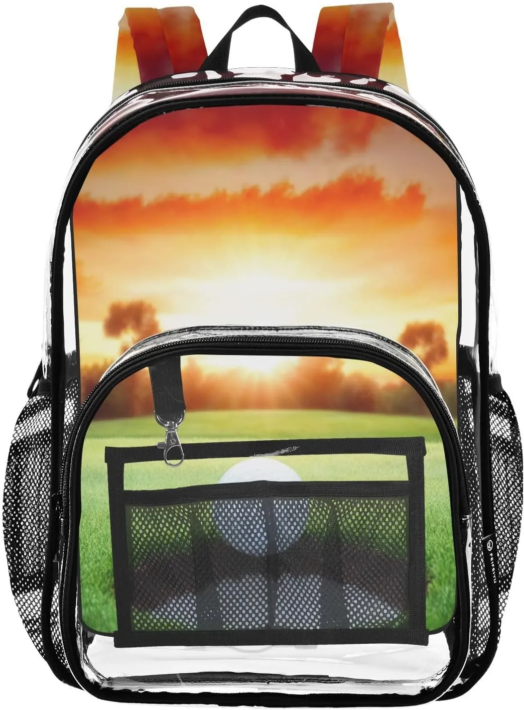 Golf Ball in Hole Clear Backpack with Back Print, Heavy Duty See Through Backpacks PVC Transparent Daypack for Travel Security