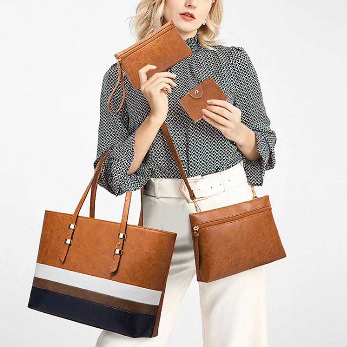 Handbags for Women Shoulder Bags Color Matching Tote Satchel Hobo 4pcs Purse Set