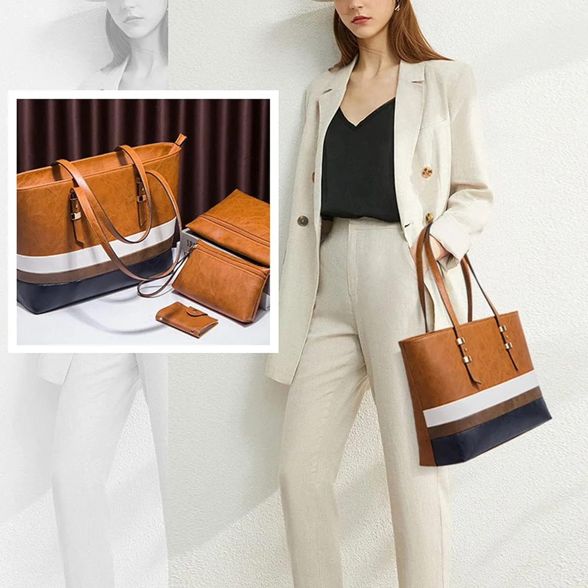 Handbags for Women Shoulder Bags Color Matching Tote Satchel Hobo 4pcs Purse Set