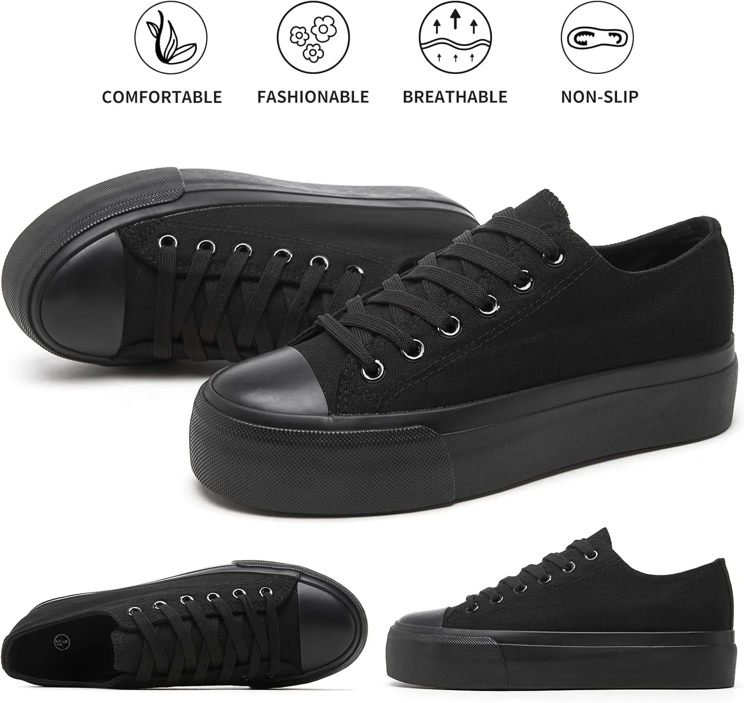 hash bubbie Platform Sneakers for Women White Platform Shoes Low Top Tennis Shoes Non Slip Black Fashion Canvas Sneakers
