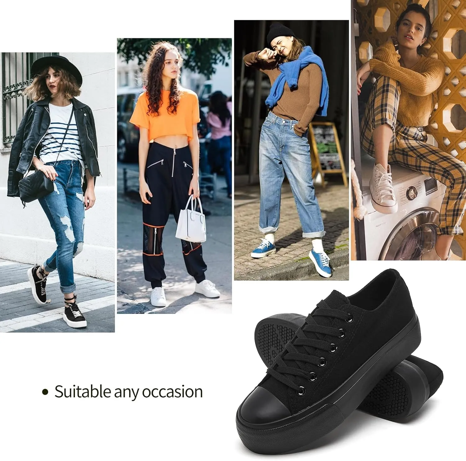 hash bubbie Platform Sneakers for Women White Platform Shoes Low Top Tennis Shoes Non Slip Black Fashion Canvas Sneakers