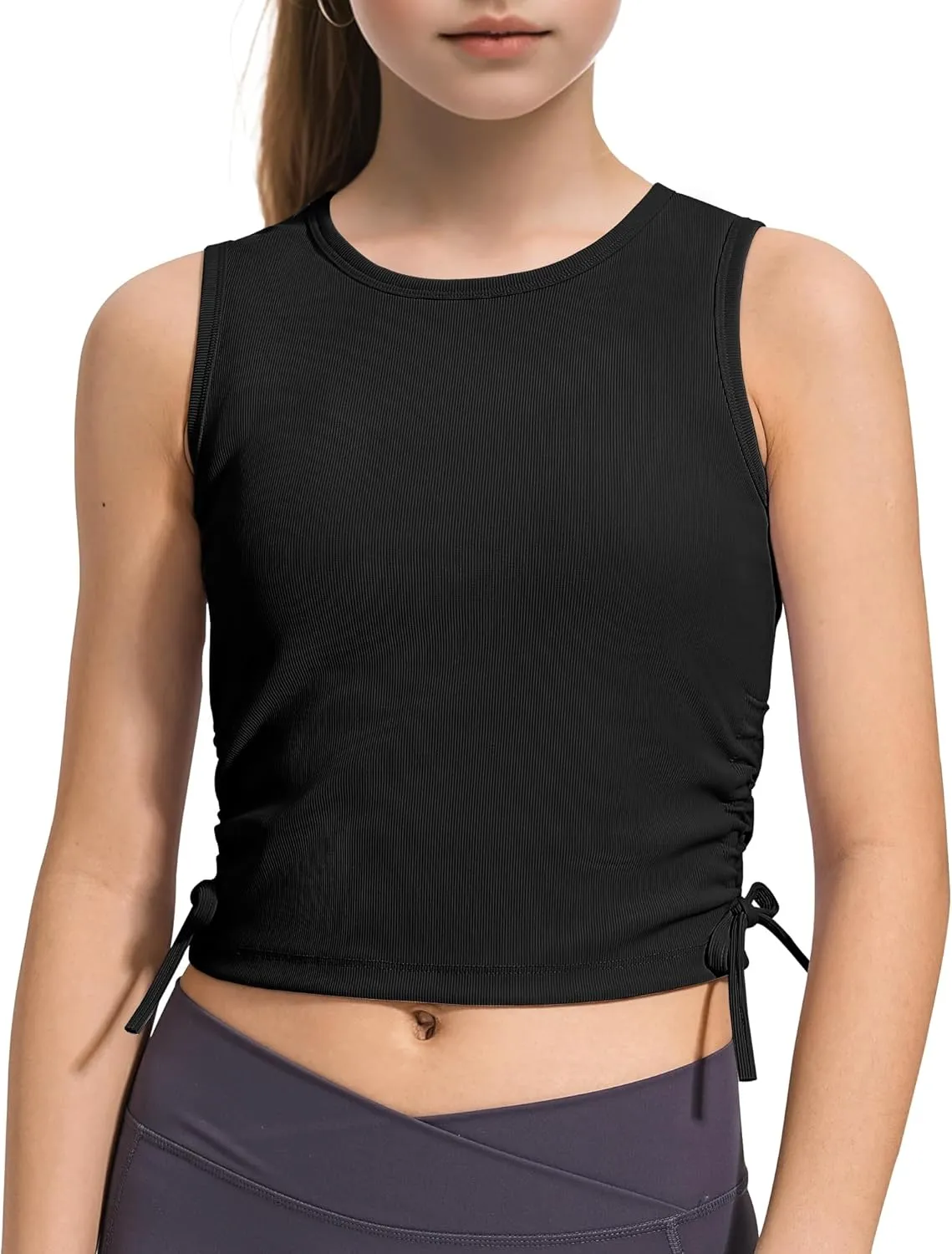 HASMES Girls Tank Tops Ribbed Knit Sleeveless Crop Tops for Kids Round Neck Dance Tops 5-14Y