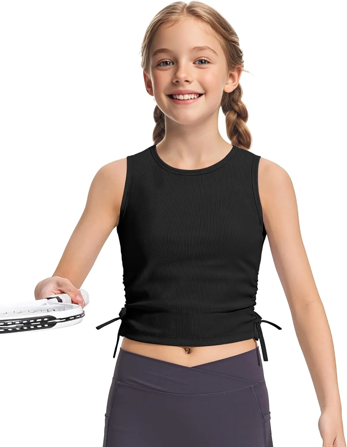 HASMES Girls Tank Tops Ribbed Knit Sleeveless Crop Tops for Kids Round Neck Dance Tops 5-14Y