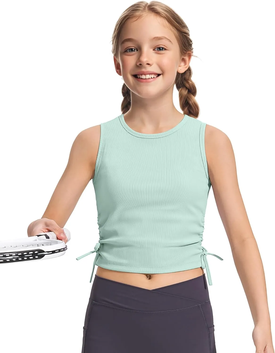 HASMES Girls Tank Tops Ribbed Knit Sleeveless Crop Tops for Kids Round Neck Dance Tops 5-14Y