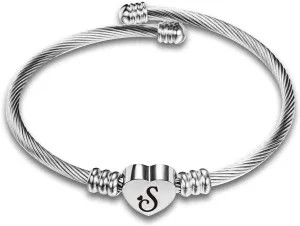 Heart Love Initial A-Z Letter Cuff Bracelets for Women Silver Alphabet Name Bangle Bracelets for Women Jewelry Gifts