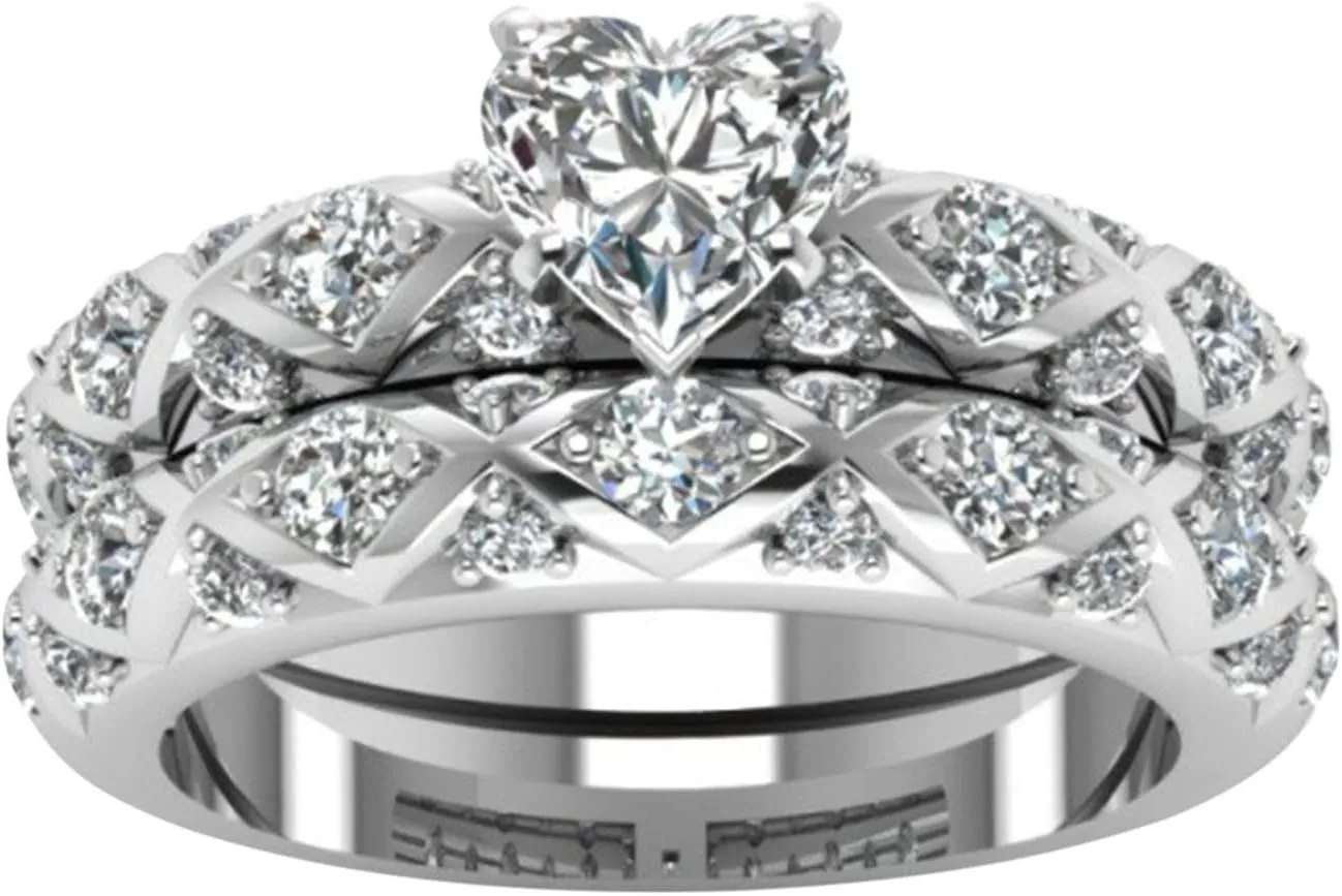 Heart Shaped Engagement Bridal Anniversary Promise Wedding Band Ring Set 925 Silver Promise Couples Rings for Her