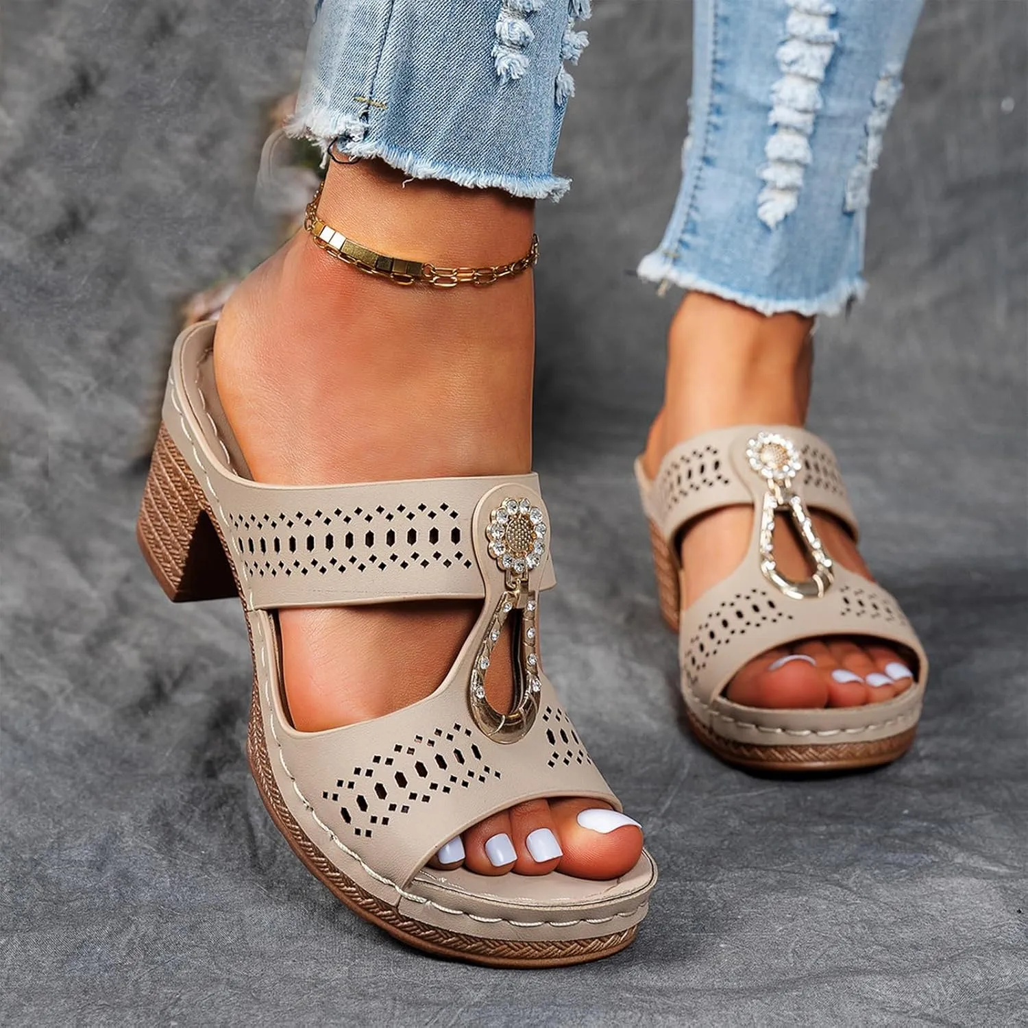 Heeled Sandals for Women Chunky Block Low Heels Open Toe Slip On Slides Summer Comfort Dressy Platform Pumps Shoes