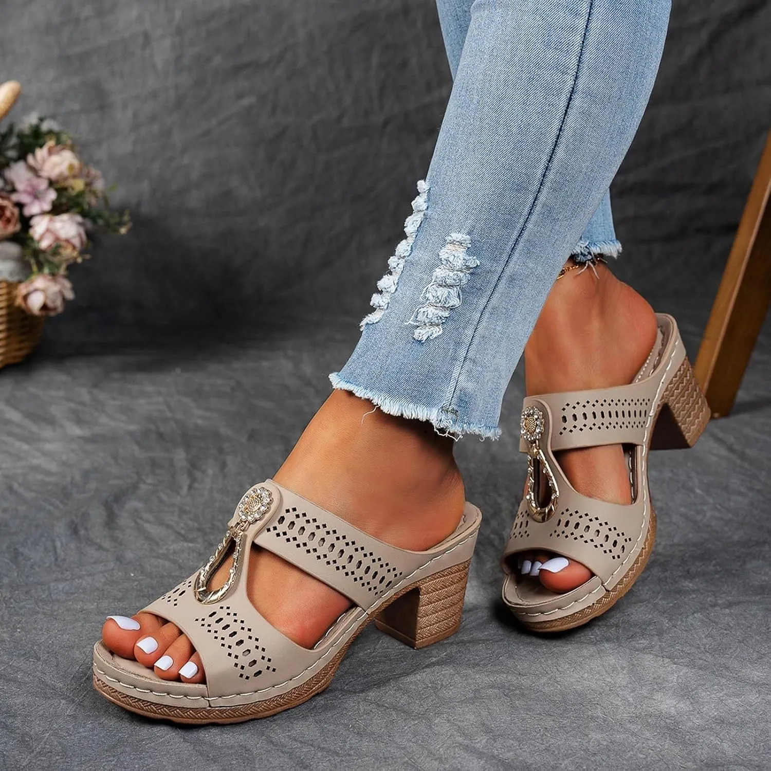 Heeled Sandals for Women Chunky Block Low Heels Open Toe Slip On Slides Summer Comfort Dressy Platform Pumps Shoes