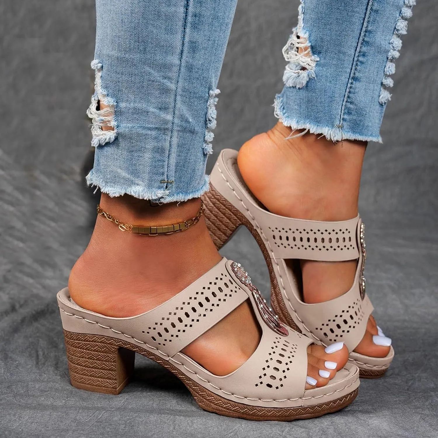 Heeled Sandals for Women Chunky Block Low Heels Open Toe Slip On Slides Summer Comfort Dressy Platform Pumps Shoes