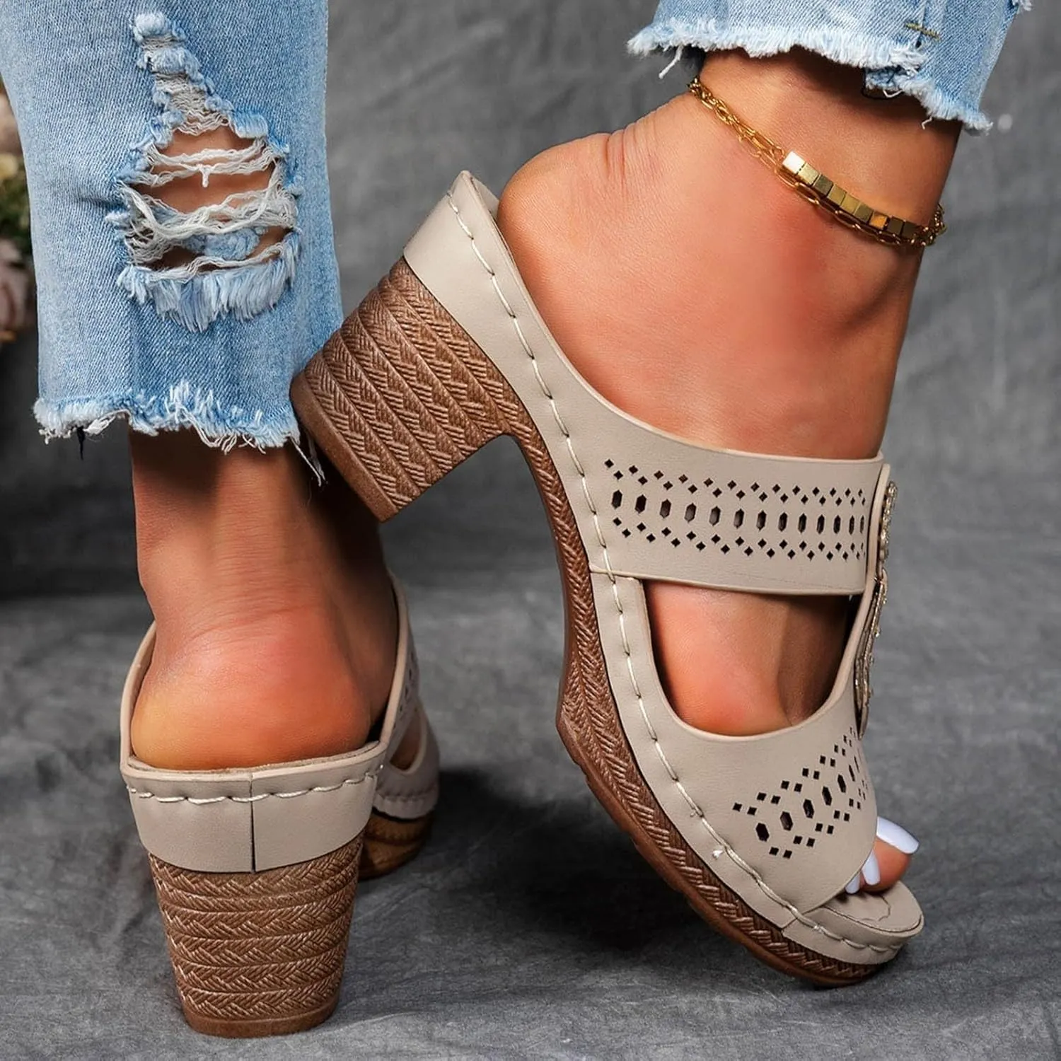 Heeled Sandals for Women Chunky Block Low Heels Open Toe Slip On Slides Summer Comfort Dressy Platform Pumps Shoes