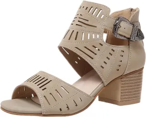 Heeled Sandals for Women Hollow Out Peep Toe Summer Chunky Stacked Heel Slingback Ankle Strap Booties, Comfortable Breathable Open Toe Heeled Mules Chunky Block Low Heel Slip On Slides