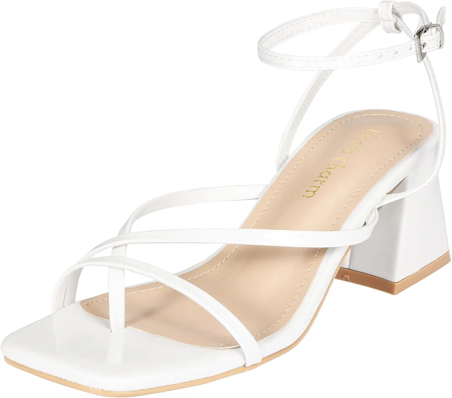 Heels Charm Women's Low Chunky Block Heeled Sandals 2.68 Inches Open Toe Cross Ankle Strap Block High Heel Sandal Dress Dancing Chunky Sandals Daily Work Party Wedding Shoes