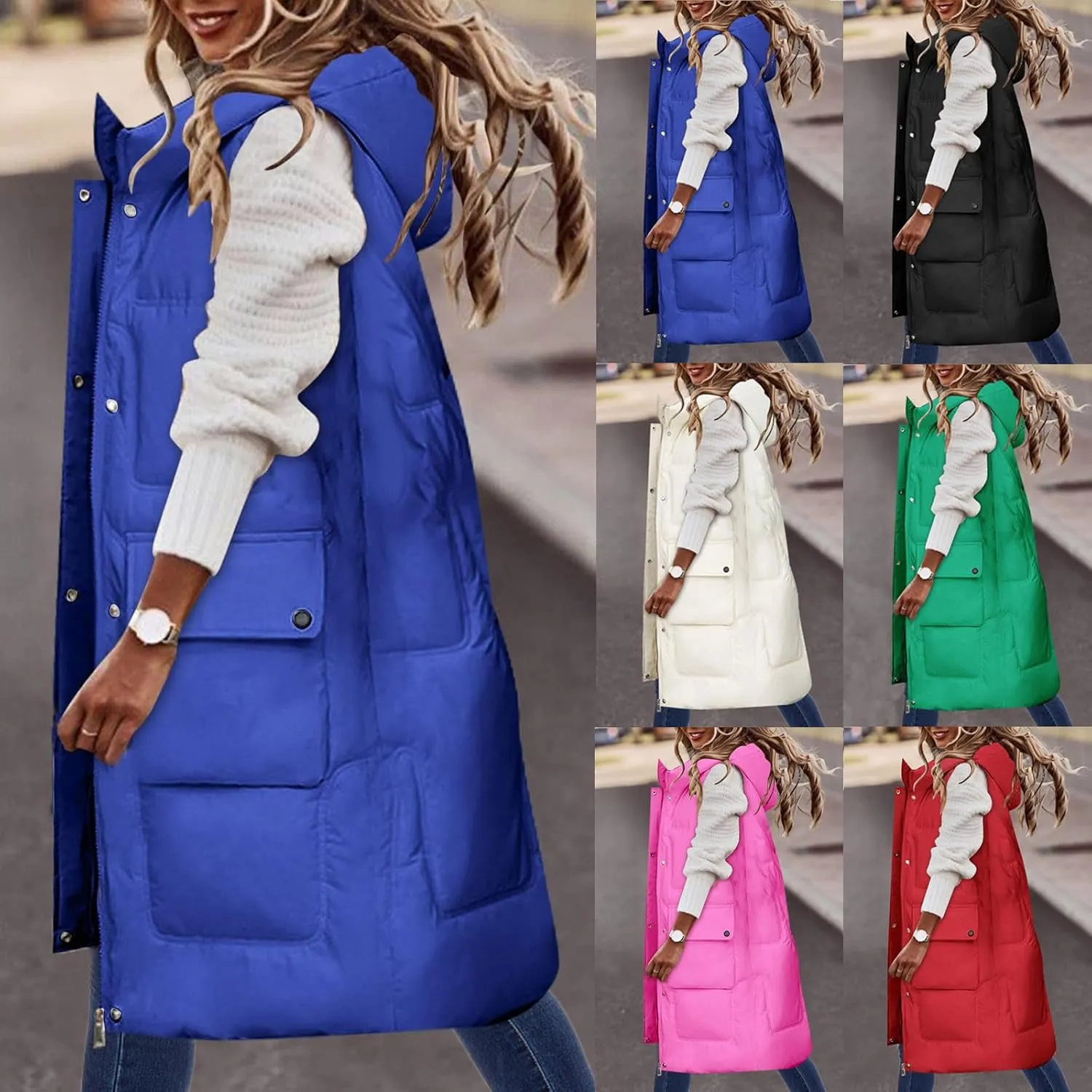 HGps8w Puffer Vest for Women Plus Size Winter Warm Zipper Coats Sleeveless Hooded Jacket Outdoor Quilted Long Down Vest
