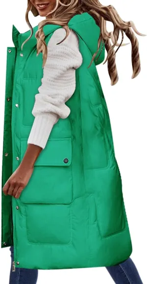 HGps8w Puffer Vest for Women Plus Size Winter Warm Zipper Coats Sleeveless Hooded Jacket Outdoor Quilted Long Down Vest