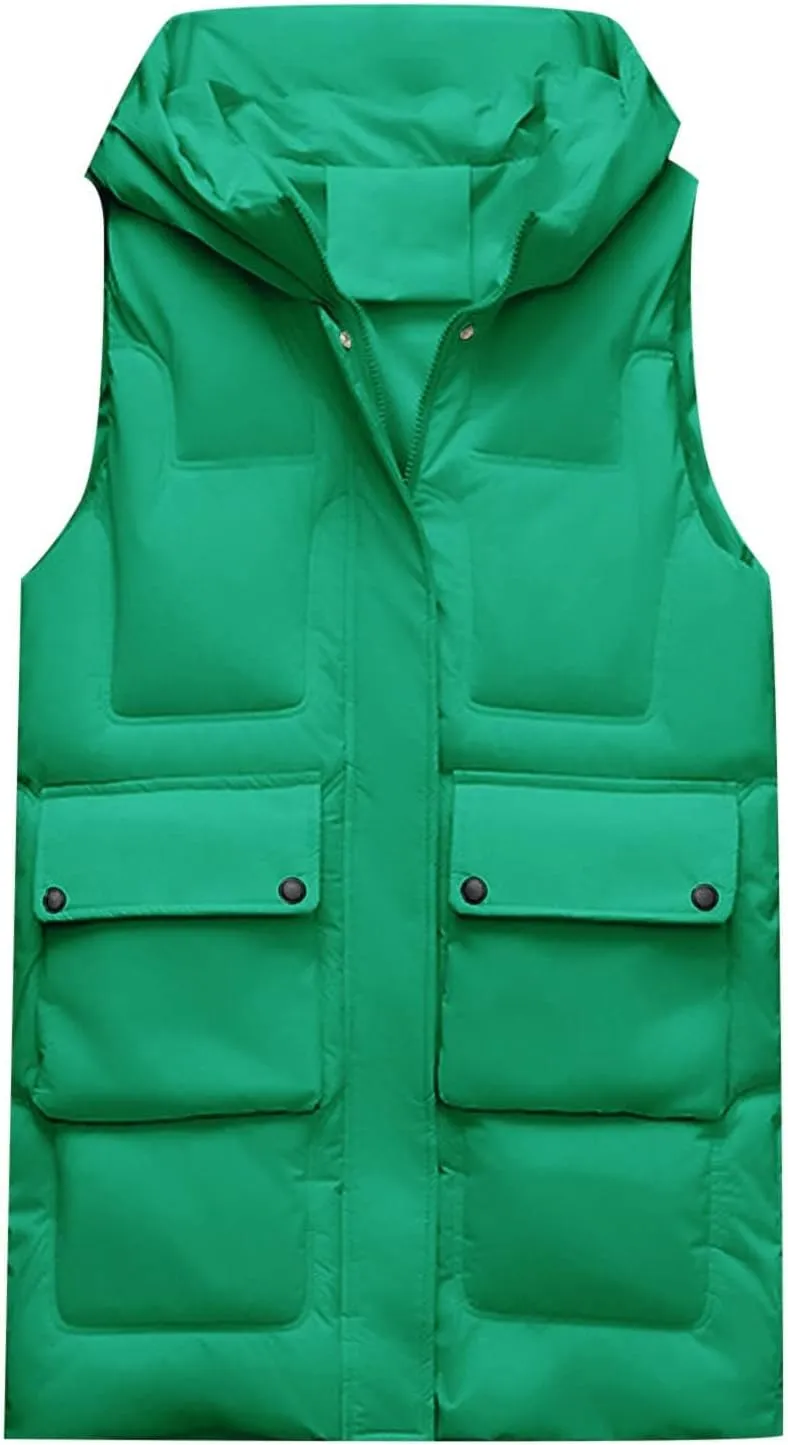 HGps8w Puffer Vest for Women Plus Size Winter Warm Zipper Coats Sleeveless Hooded Jacket Outdoor Quilted Long Down Vest