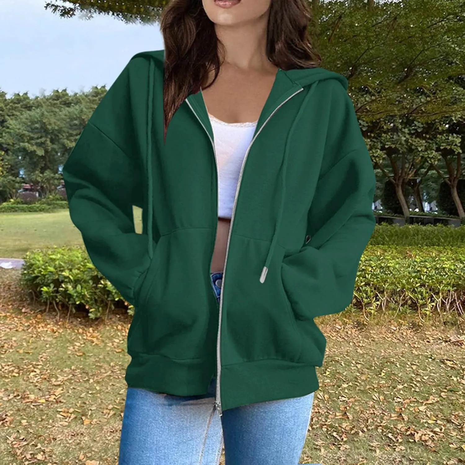 Hoodies for Women Long Sleeve Fall Fashion 2024 Oversized Zip Up Sweatshirts Solid Light Hoodie Jacket with Pockets