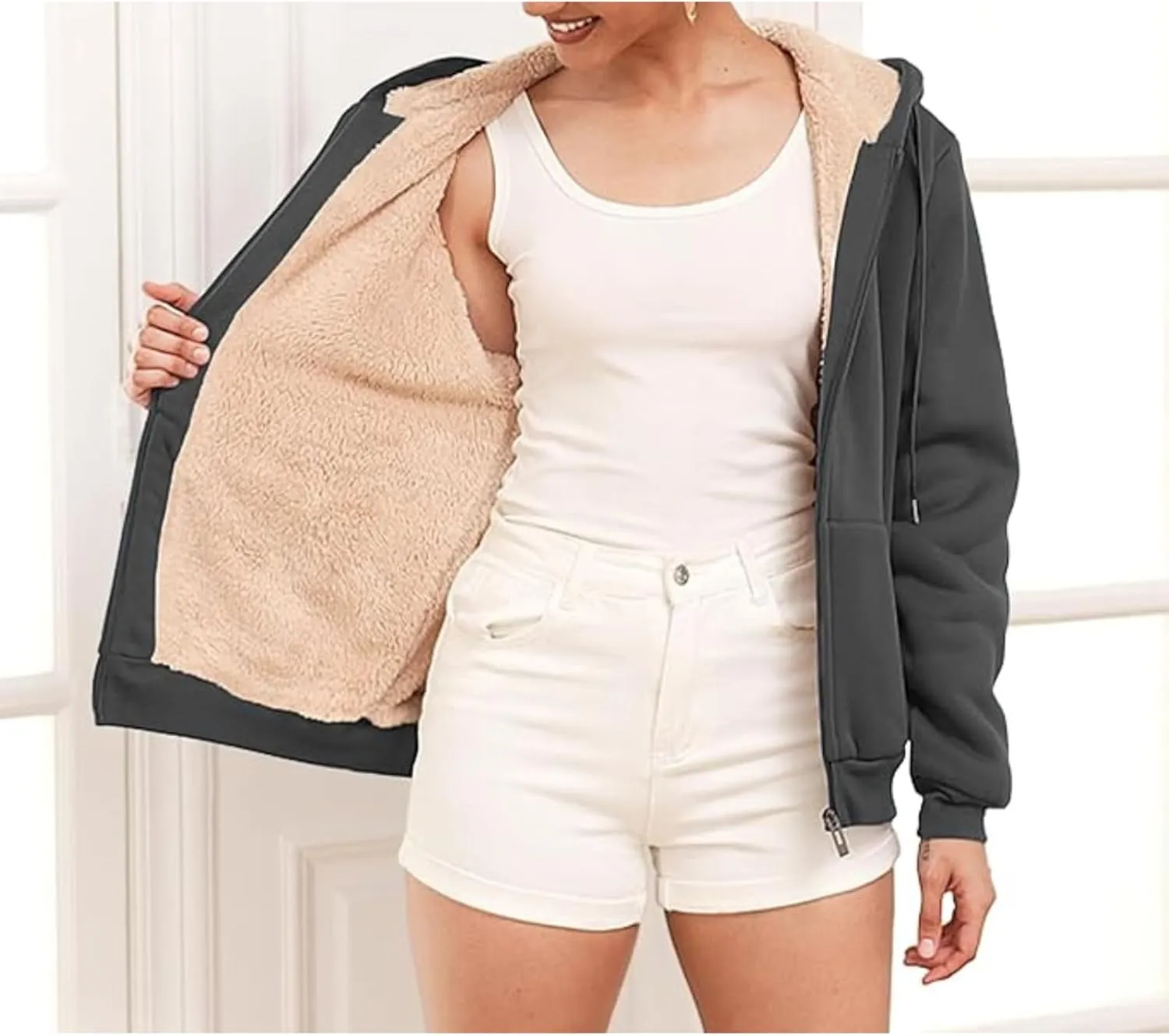Hoodies for Women Winter Fleece Sweatshirts Full Zip Up Thick Sherpa Lined Hooded Jacket Daily Casual Fashion Coats