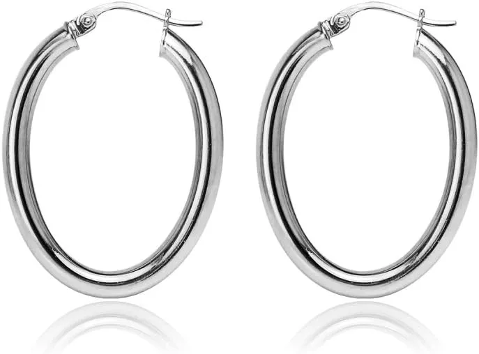 Hoops & Loops 925 Sterling Silver 3mm Oval Hoop Click-Top Earrings, 20mm 25mm 30mm 35mm 40mm, Silver, Yellow & Rose Gold