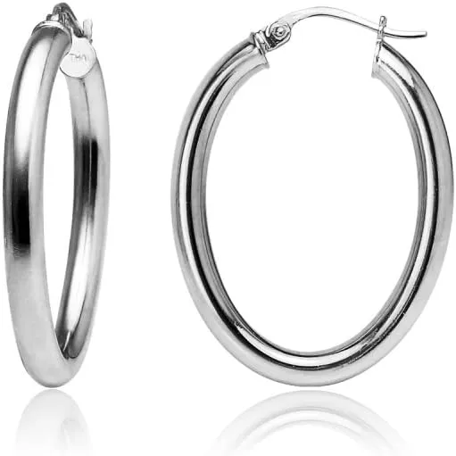 Hoops & Loops 925 Sterling Silver 3mm Oval Hoop Click-Top Earrings, 20mm 25mm 30mm 35mm 40mm, Silver, Yellow & Rose Gold