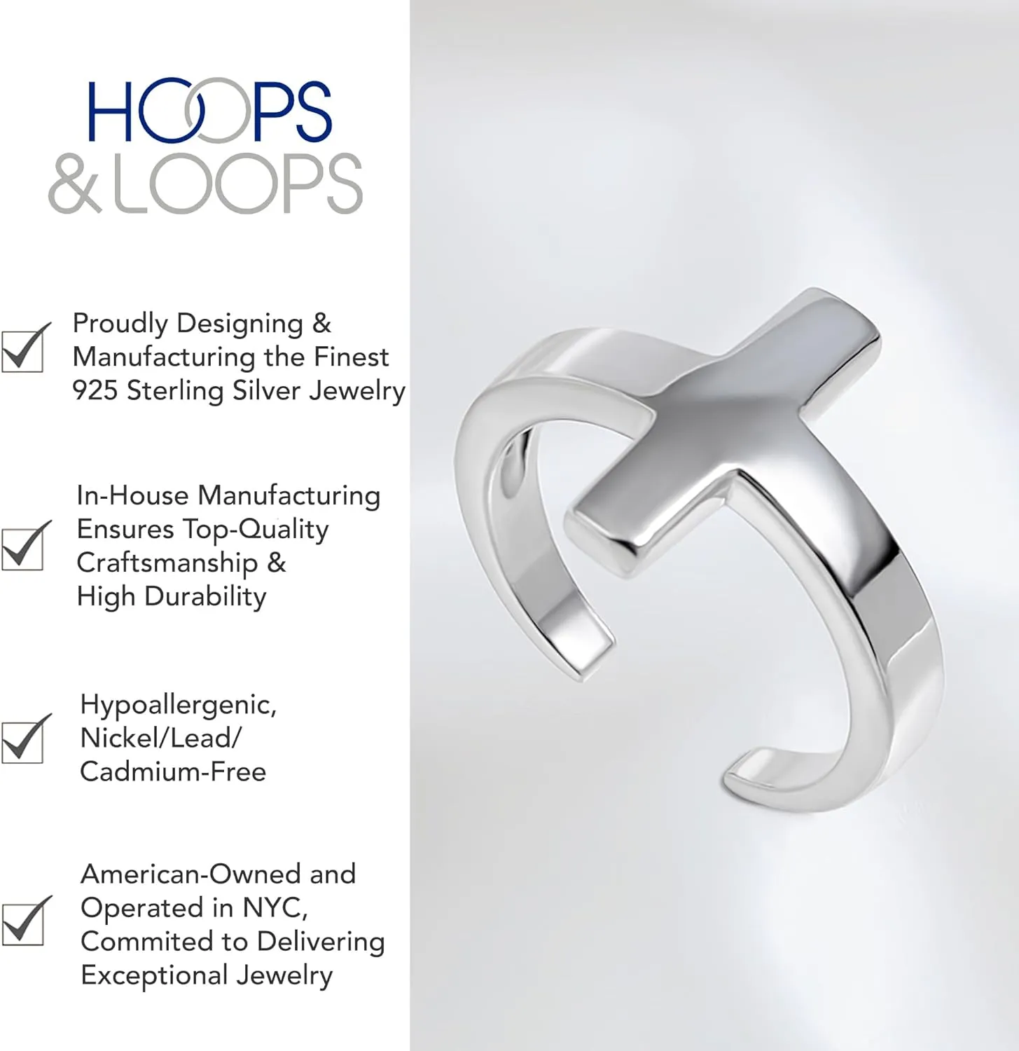 Hoops & Loops 925 Sterling Silver Cross Minimalist Open Toe Ring for Women Men