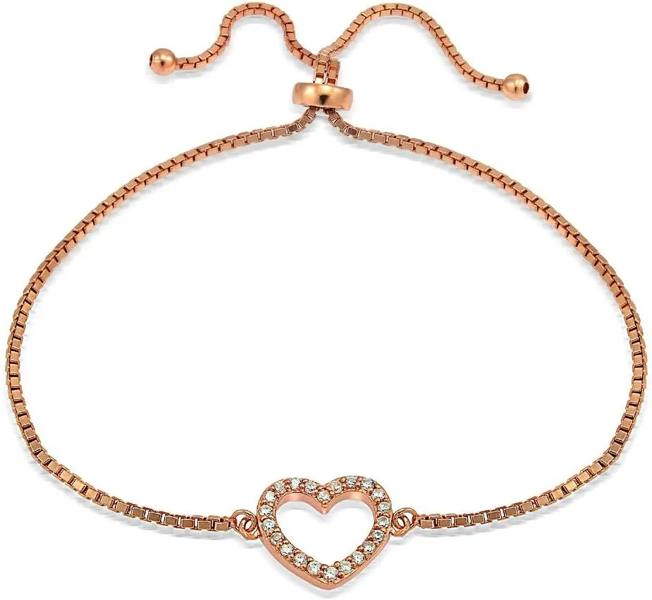 Hoops & Loops Sterling Silver Cubic Zirconia Open Heart Adjustable Bracelet