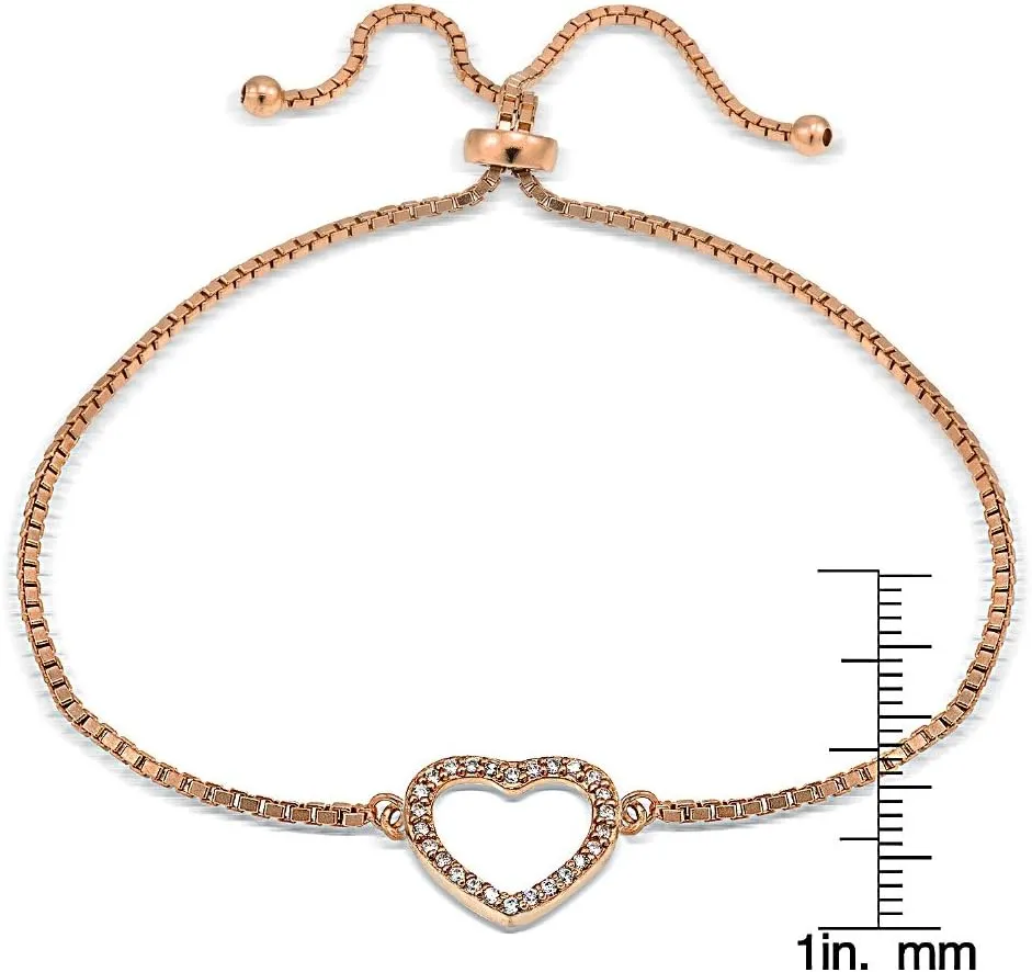 Hoops & Loops Sterling Silver Cubic Zirconia Open Heart Adjustable Bracelet