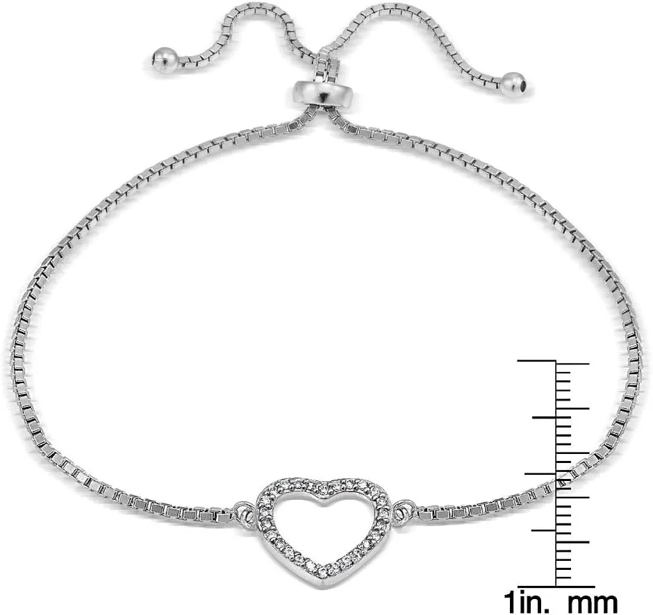 Hoops & Loops Sterling Silver Cubic Zirconia Open Heart Adjustable Bracelet